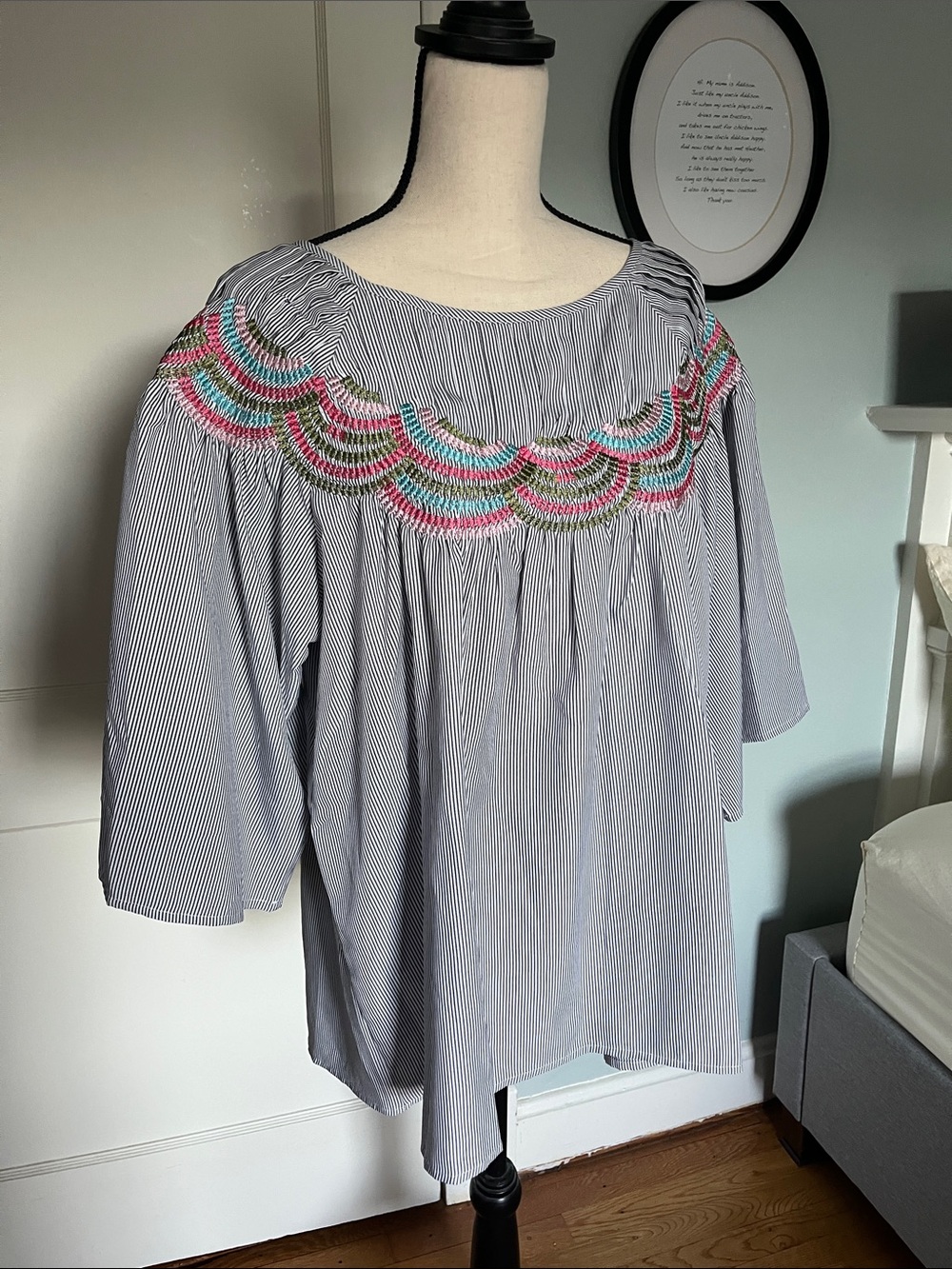 Embroidered Off-Shoulder Top Blue striped with Pink, Green & Teal design
